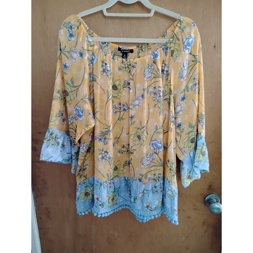Zac & Rachel Yellow Off the Shoulder Floral Blue Pom Pom Hem Boho Top Size XL
